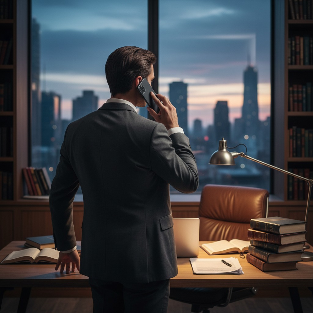 Homem de terno fala ao celular em um escritório com vista para a cidade ao entardecer.